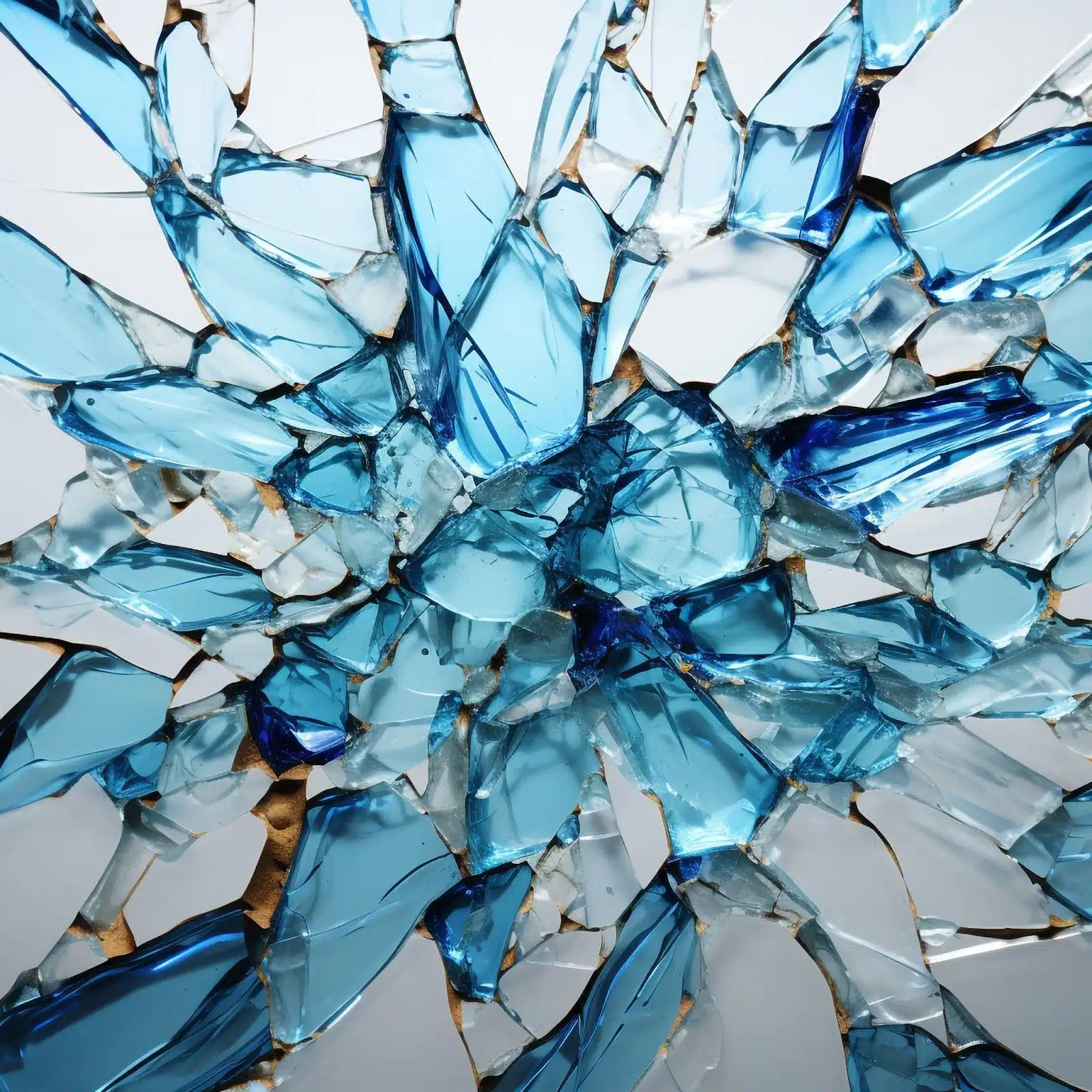A close-up of broken glass pieces reflecting shades of blue, creating a striking visual contrast and texture