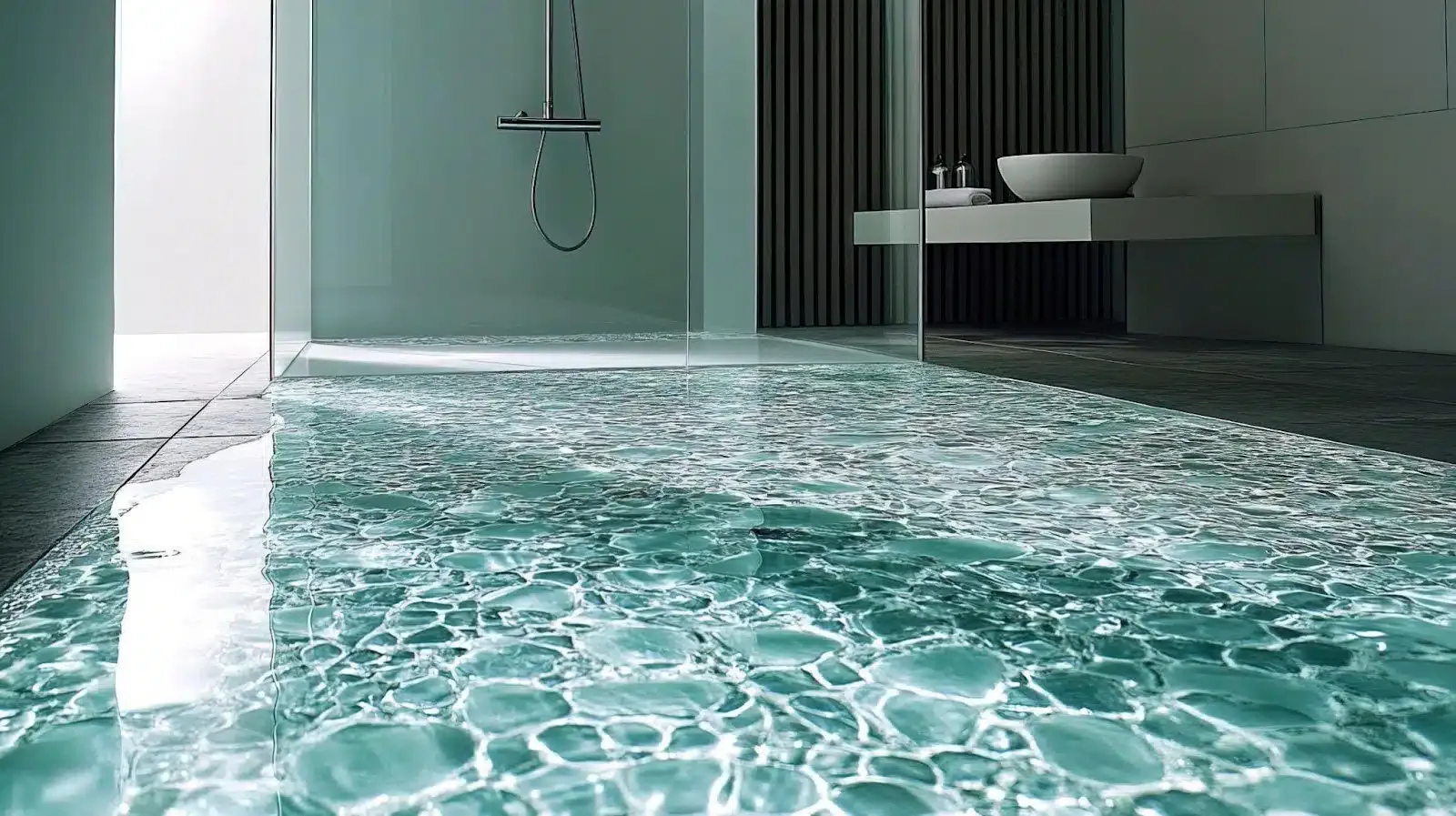 A modern bathroom with a glass floor and sleek shower