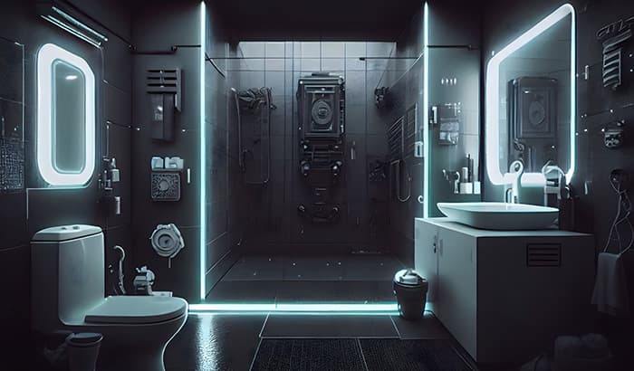A modern bathroom with a toilet, sink, and shower, showcasing a futuristic design.