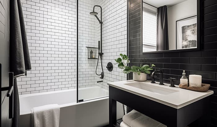 A monochrome bathroom with black and white tiled flooring and a pristine white sink.