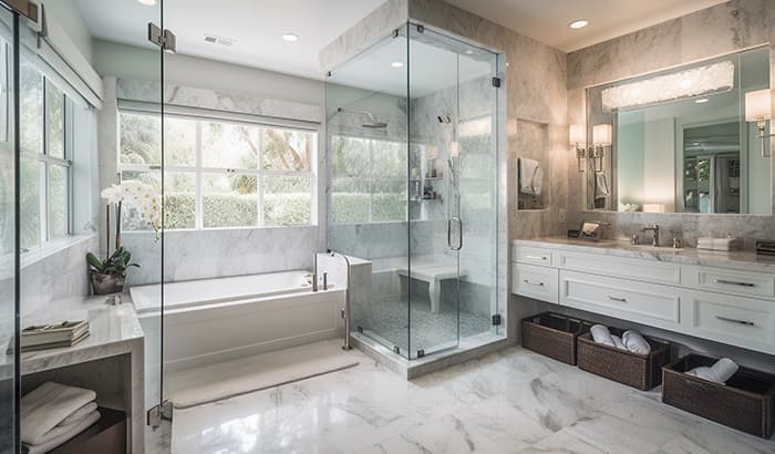 Interior of a bathroom featuring a glass shower door and bathtub.