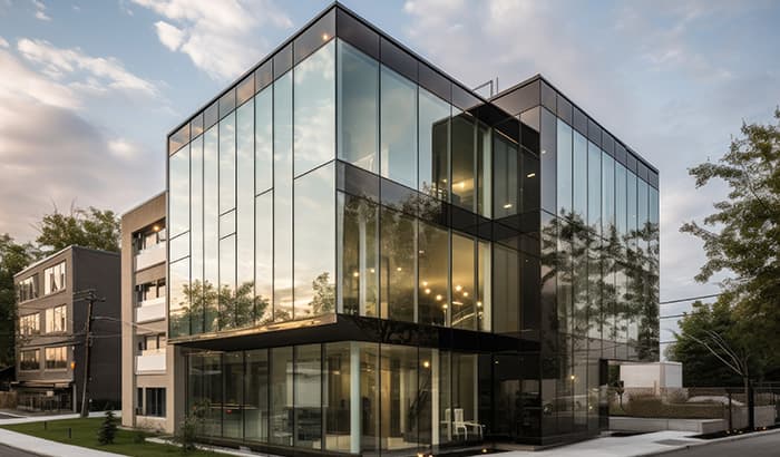 A modern glass building with a large glass facade reflecting the surrounding cityscape.