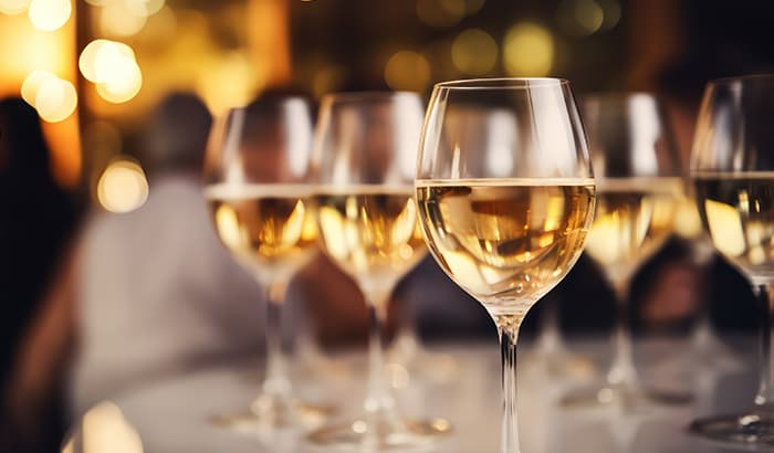 A group of wine glasses on a table, with people in the background