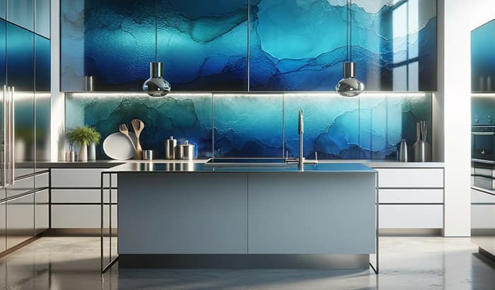 A kitchen with blue and white walls and a large glass wall, offering a bright and airy atmosphere.