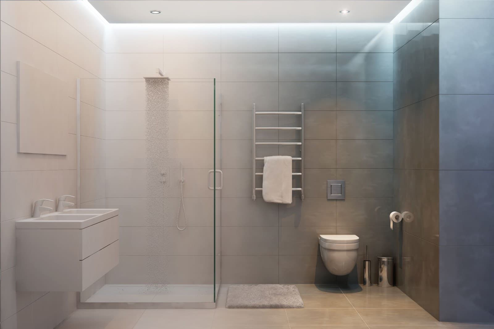 A modern bathroom featuring a contemporary shower enclosure, glass frame shower, and sleek sink.