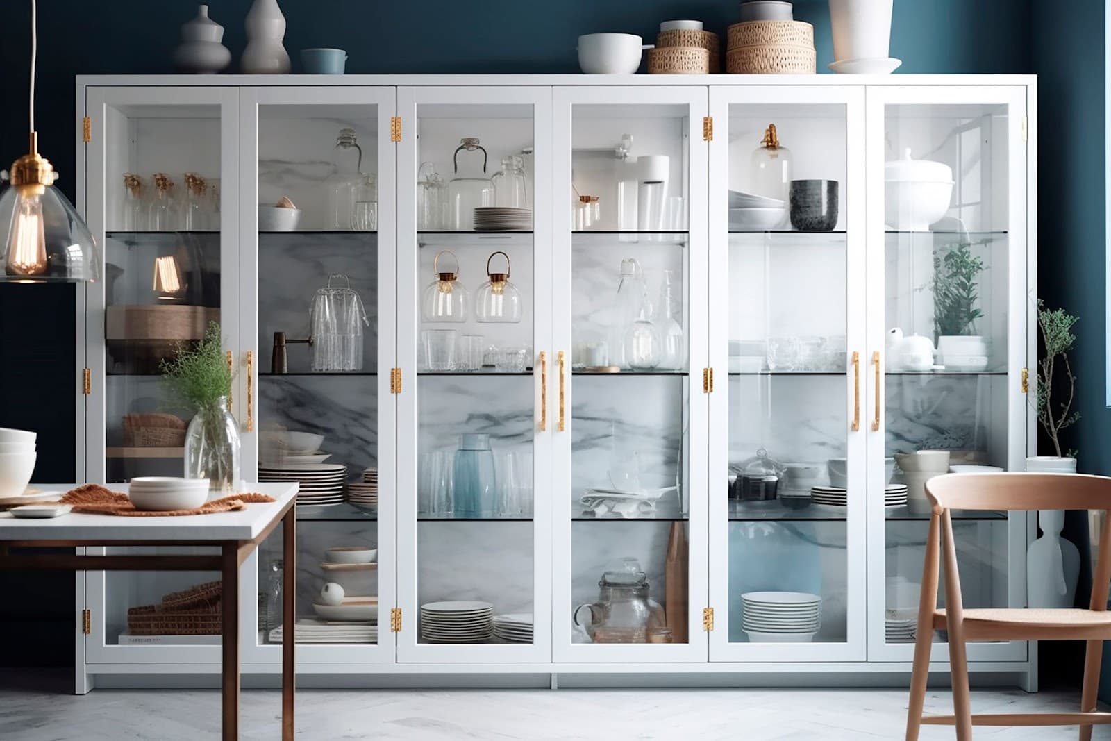 A white cabinet featuring glass doors and elegant gold hardware, ideal for showcasing kitchen items.