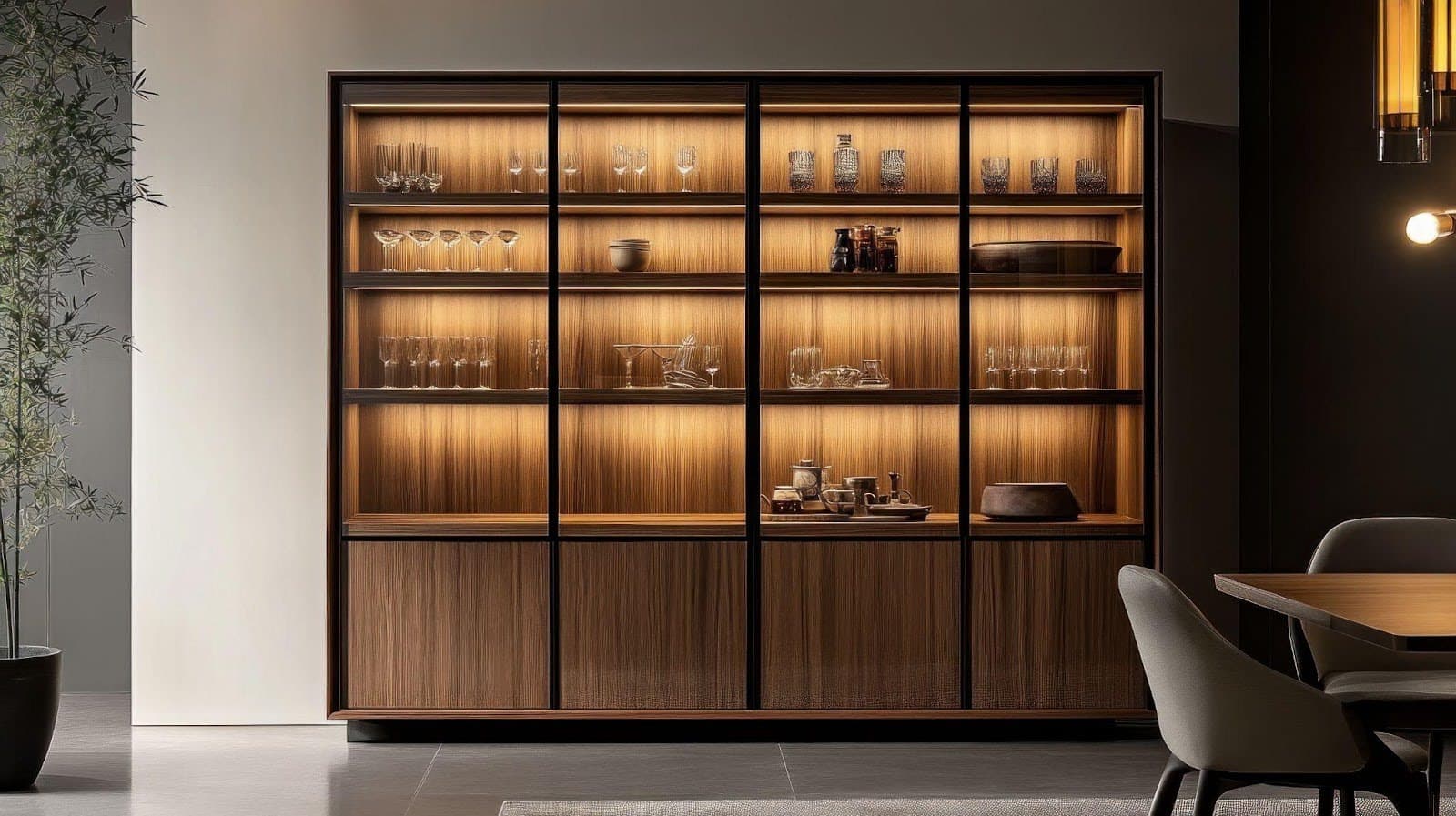 A modern kitchen with a wooden cabinet and glass shelves, blending style and functionality