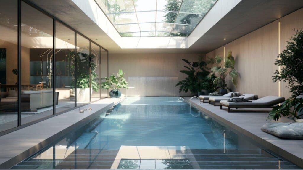 An indoor pool designed with a skylight creating a bright and inviting atmosphere