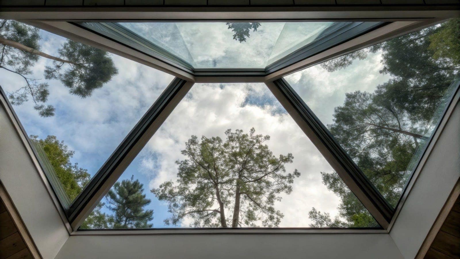 Skylight view showcasing lush green trees against a bright blue sky
