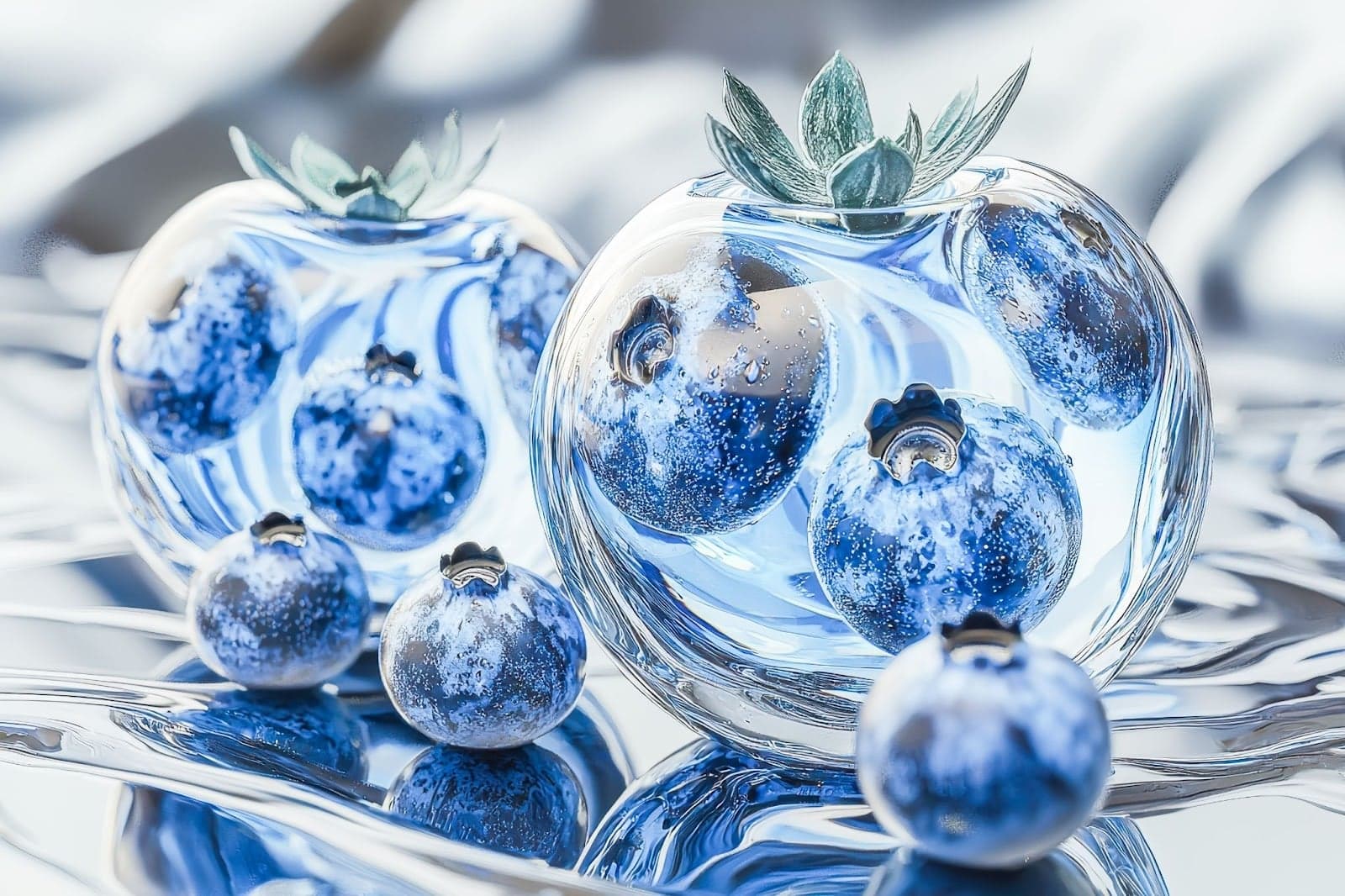 Artistic glass blueberries with reflective surfaces and green leaves.