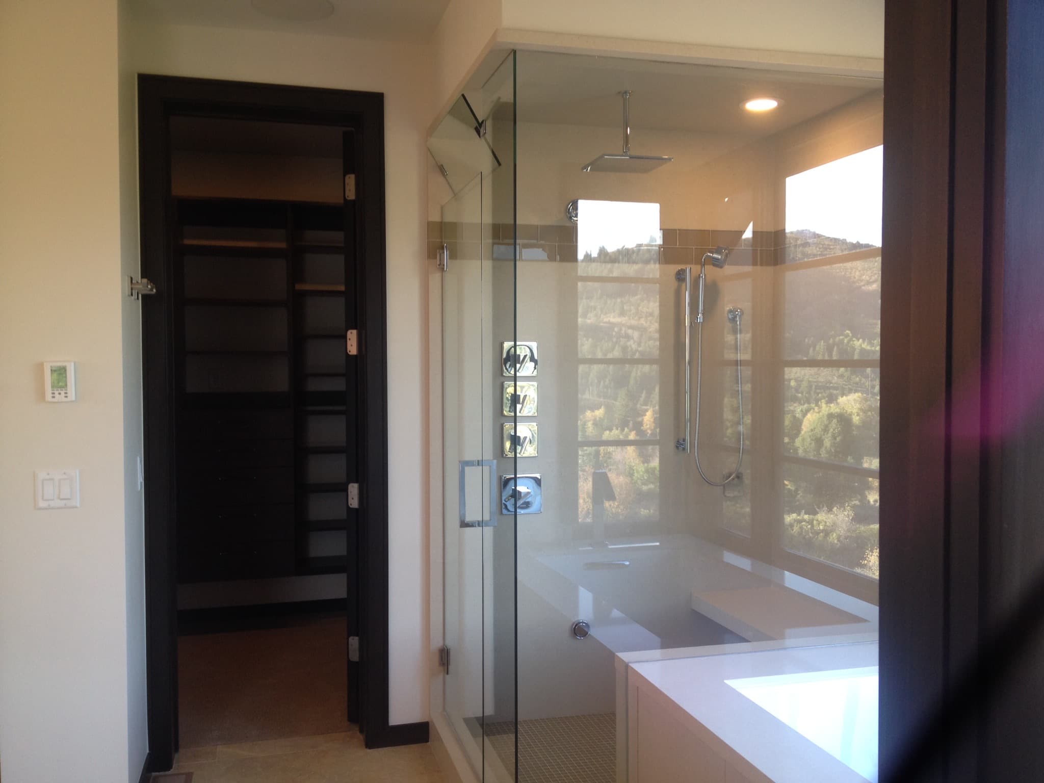 A modern bathroom featuring a glass-enclosed shower next to an open doorway leading to a walk-in closet.